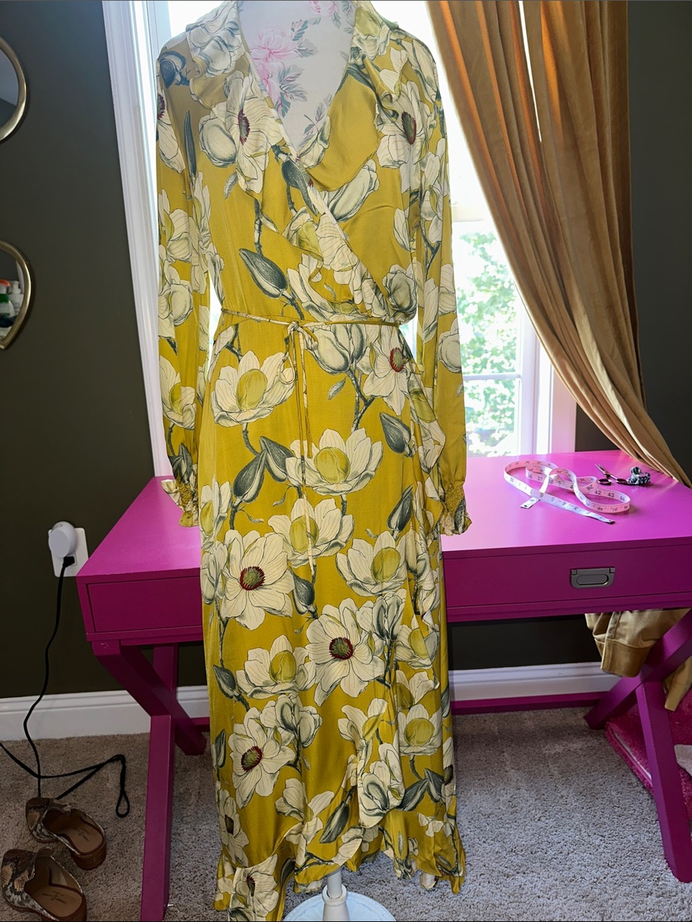 Mustard Yellow Floral Wrap Maxi Dress with Long Sleeves